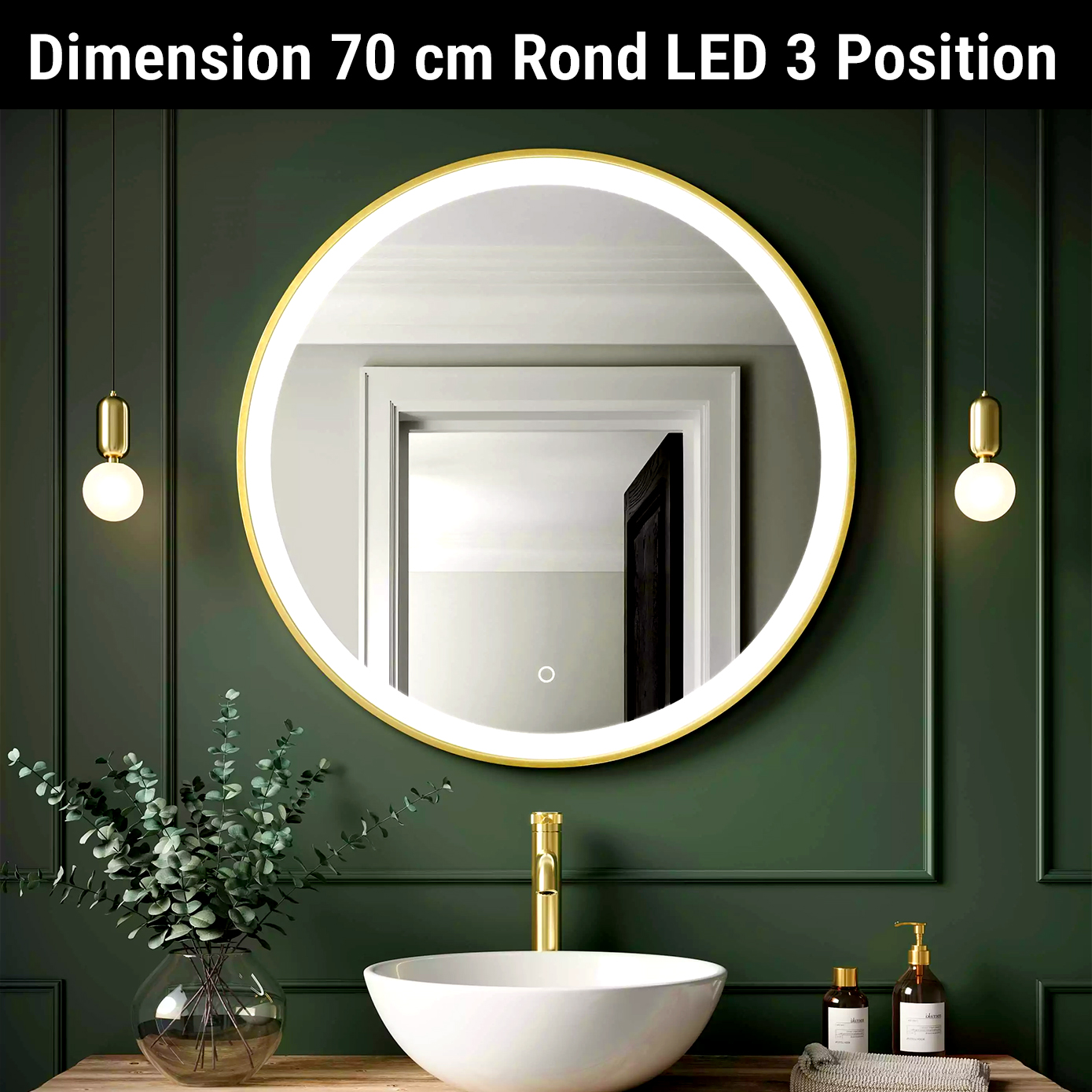 Miroir LED Rond 70 cm Cadre Aluminium Doré ou Noir Éclairage Intégré