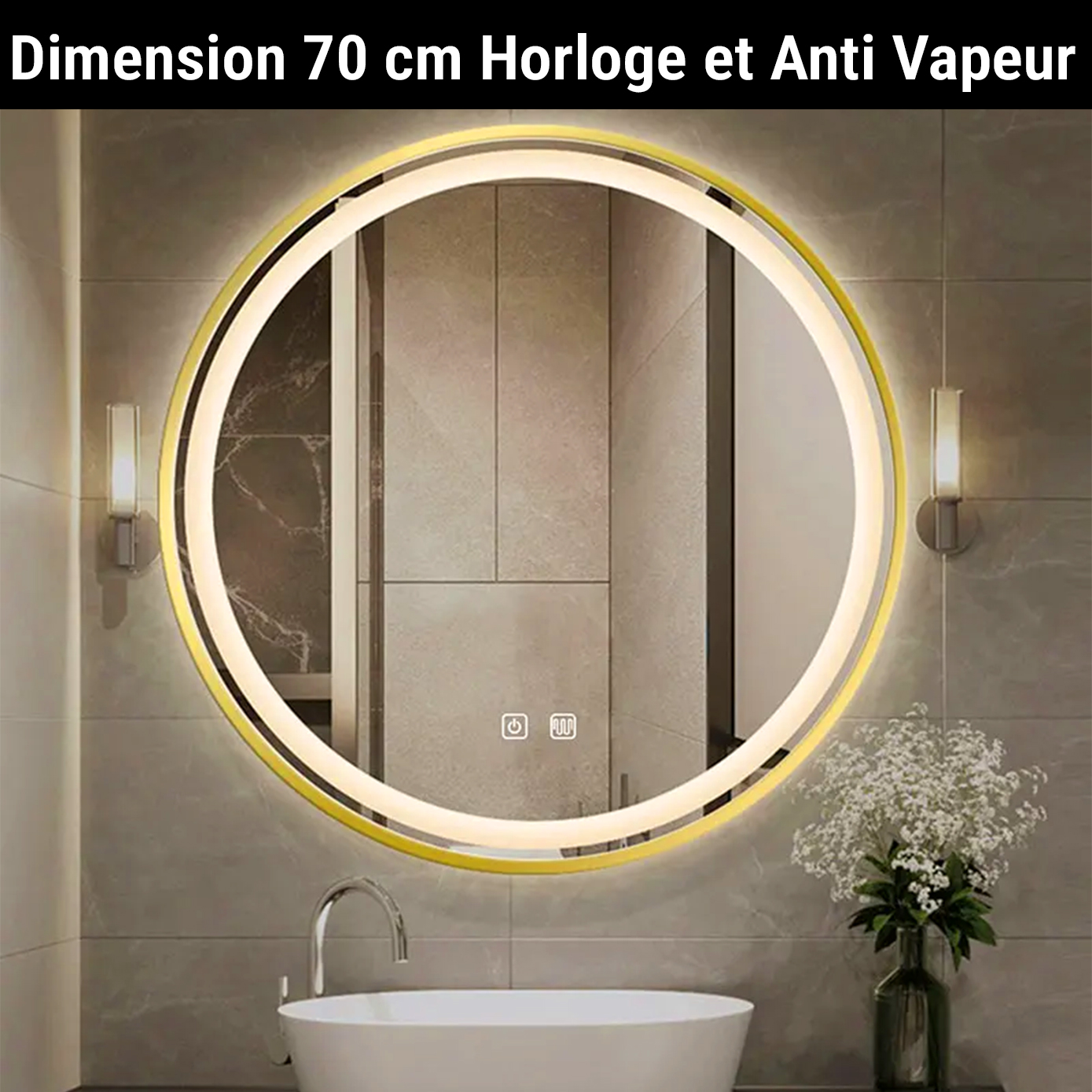 Miroir LED Rond 70 cm Anti-Vapeur Horloge & Température Cadre Aluminium Doré ou Noir